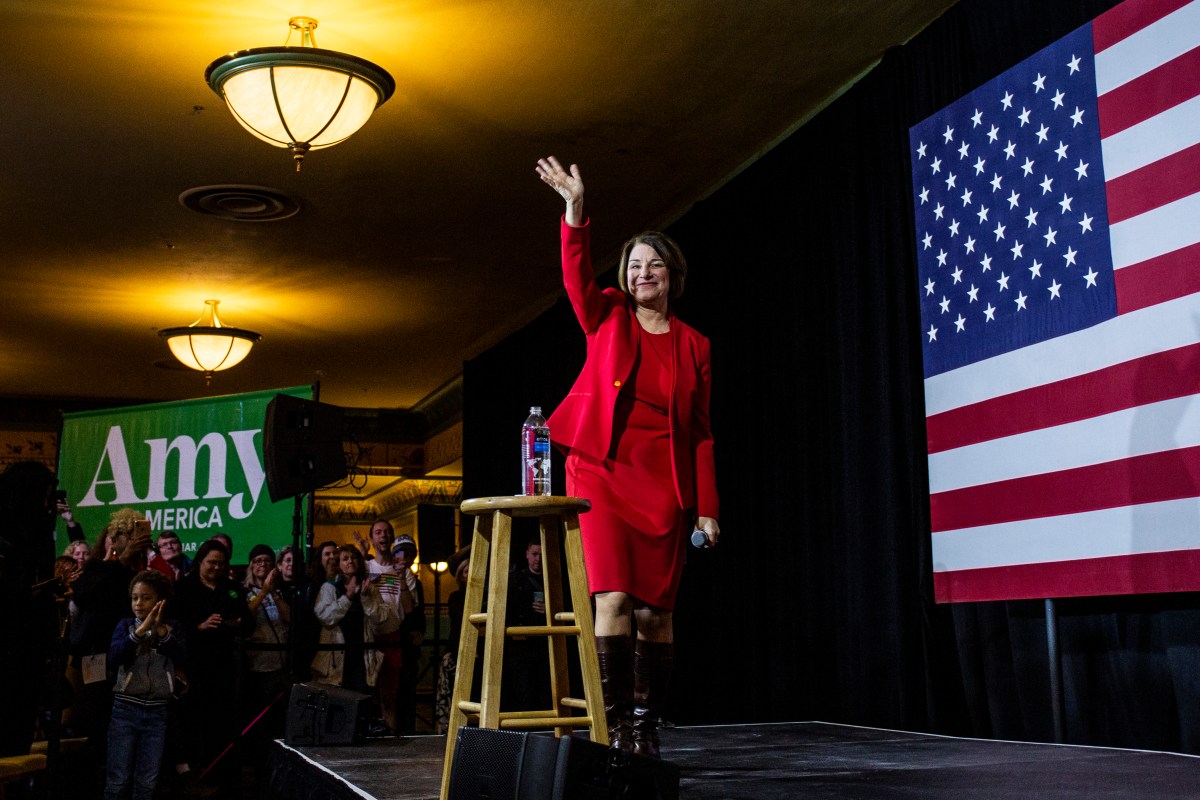 RICHMOND, VA - FEBRUARY 29: Democratic Presidential Candidate Sen. Amy Klobuchar (D-MN) waves as she leaves the stage after speaking during a campaign rally at the Altria Theatre on February 29, 2020 in Richmond, Virginia. Klobuchar continues to seek support for the Democratic nomination leading into the Super Tuesday vote on March 3. (Photo by Zach Gibson/Getty Images)