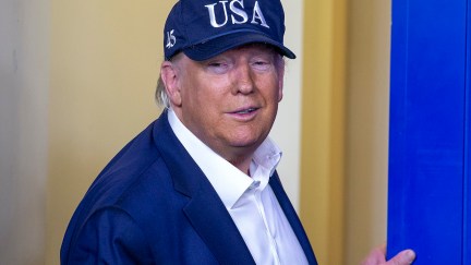 Donald Trump smirks in a USA baseball cap.