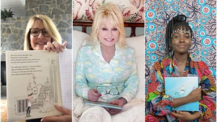 Shots of Laura Dern, Dolly Parton, and Lupita Nyong'o reading from books.