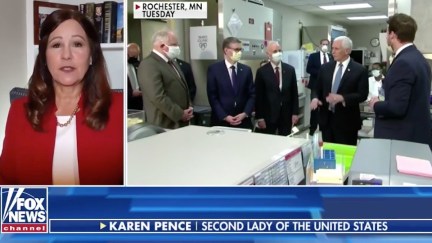 Split screen of Karen Pence defending Mike Pence not wearing a mask at the Mayo Clinic.