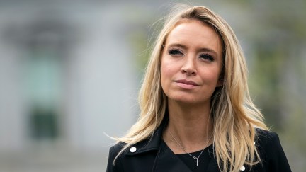 New White House Press Secretary Kayleigh McEnany wears a leather jacket and looks at the camera.