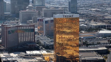 Trump hotel in Las Vegas shot from the air.