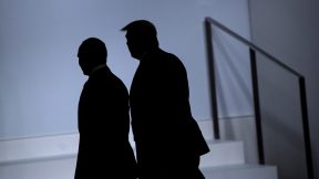 Russia's President Vladimir Putin (L) and US President Donald Trump arrive for a group photo at the G20 Summit in Osaka on June 28, 2019. (Photo by Brendan Smialowski / AFP) (Photo credit should read BRENDAN SMIALOWSKI/AFP via Getty Images)