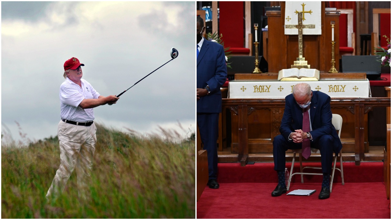 collage: US tycoon Donald Trump plays a stroke as he officially opens his new multi-million pound Trump International Golf Links course in Aberdeenshire, Scotland, on July 10, 2012. Work on the course began in July 2010, four years after the plans were originally submitted. AFP PHOTO / Andy Buchanan (Photo credit should read Andy Buchanan/AFP/GettyImages)Former vice president and Democratic presidential candidate Joe Biden(C) prays as he meets religious leaders in Wilmington, Delaware on June 1, 2020. - Democratic presidential candidate Joe Biden visited the scene of an anti-racism protest in the state of Delaware on May 31, 2020, saying that the United States was "in pain". "We are a nation in pain right now, but we must not allow this pain to destroy us," Biden wrote in Twitter, posting a picture of him speaking with a black family at the cordoned-off site where a protesters had gathered on Saturday night. (Photo by JIM WATSON / AFP) (Photo by JIM WATSON/AFP via Getty Images)