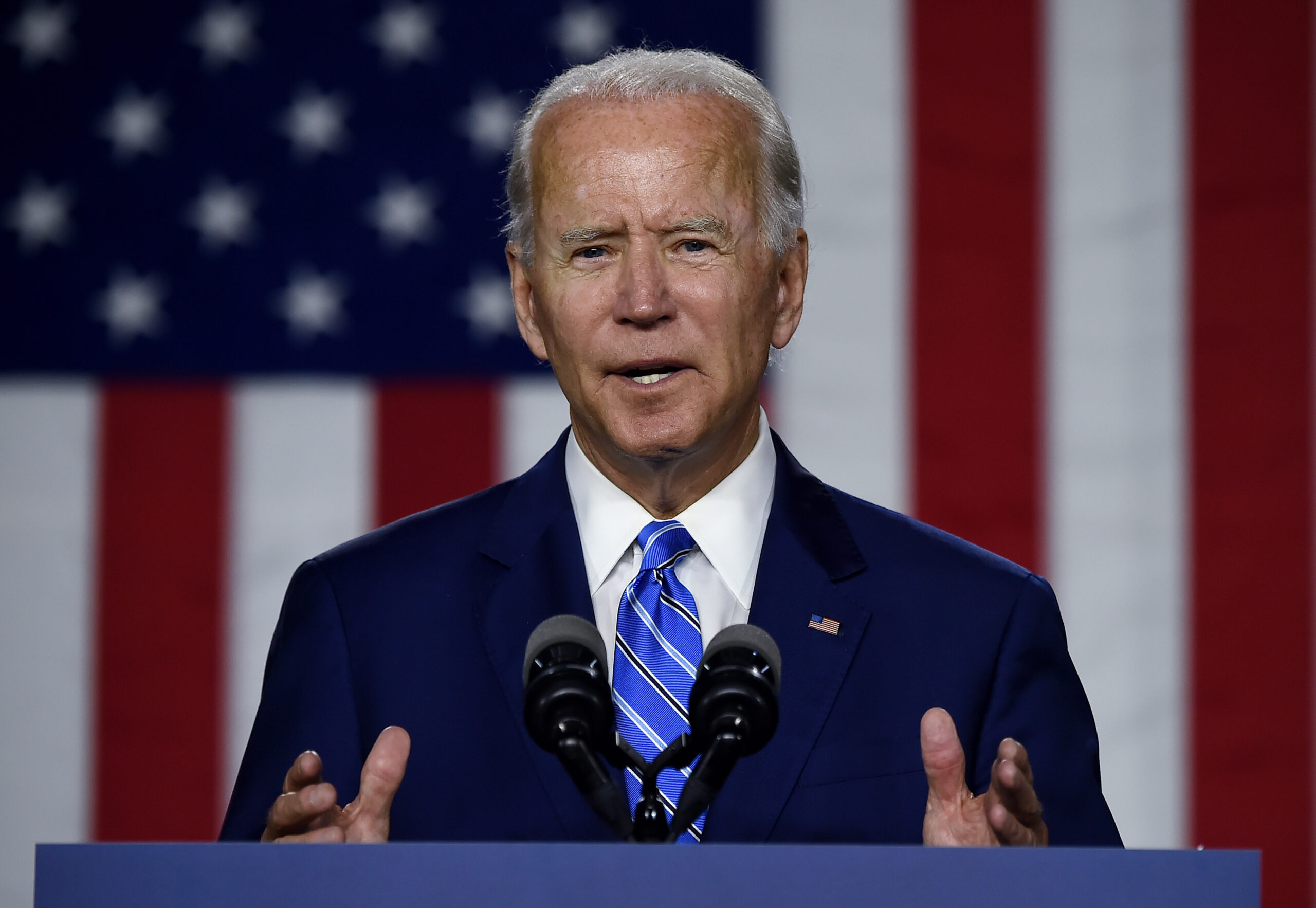 Democratic presidential candidate and former Vice President Joe Biden speaks at a "Build Back Better" Clean Energy event on July 14, 2020 at the Chase Center in Wilmington, Delaware. (Photo by Olivier DOULIERY / AFP) (Photo by OLIVIER DOULIERY/AFP via Getty Images)