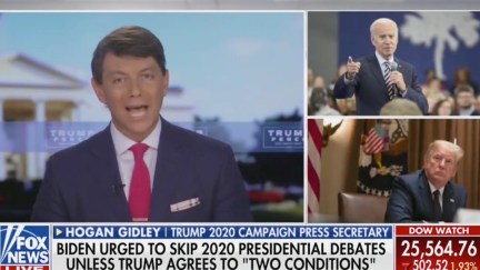 Trump campaign press secretary Hogan Gidley rants on Fox News next to pictures of Trump and Biden.