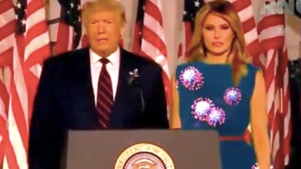 Melania Trump green screen dress with coronavirus put on it.