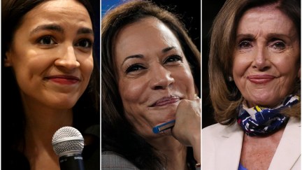 Composite of AOC, Kamala Harris, Nancy Pelosi giving tight-lipped smiles.