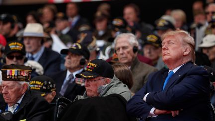 US President Donald Trump attends a French-US ceremony at the Normandy American Cemetery and Memorial in Colleville-sur-Mer, Normandy, northwestern France, on June 6, 2019, as part of D-Day commemorations marking the 75th anniversary of the World War II Allied landings in Normandy. (Photo by Ian LANGSDON / POOL / AFP) (Photo credit should read IAN LANGSDON/AFP via Getty Images)