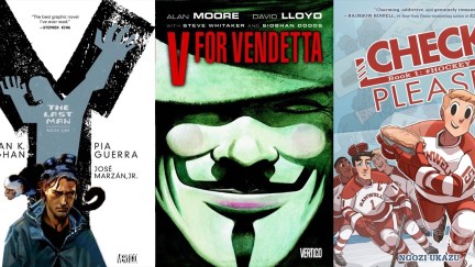 Graphic novel covers for Y: The Last Man, V for Vendatta, and Check Please!