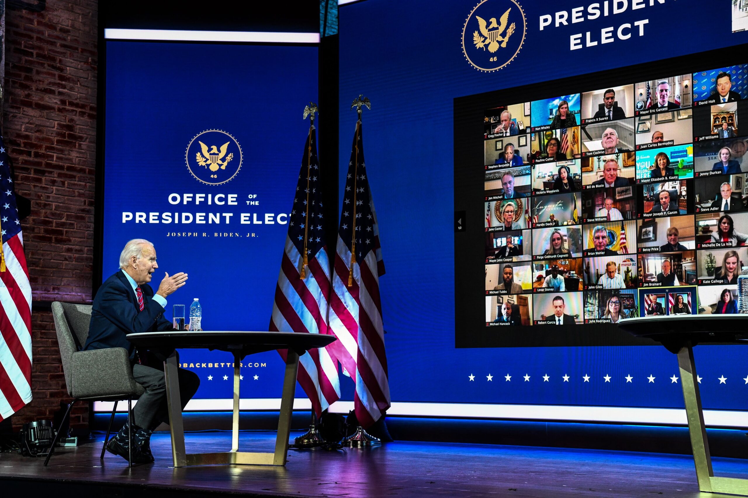 US President-elect Joe Biden participates in a virtual meeting with the United States Conference of Mayors at the Queen in Wilmington, Delaware, on November 23, 2020. - US President-elect Joe Biden on Monday named the deeply experienced Antony Blinken for secretary of state, also nominating the first female head of intelligence and a czar for climate issues, with a promise to a return to expertise after the turbulent years of Donald Trump. (Photo by CHANDAN KHANNA / AFP) (Photo by CHANDAN KHANNA/AFP via Getty Images)