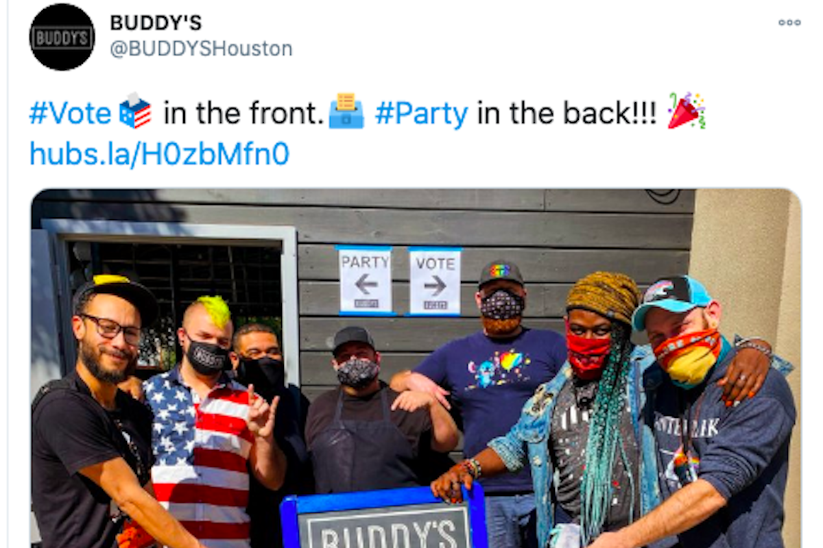 A tweet from Buddy's bar in Houston of a sign encouraging voting.
