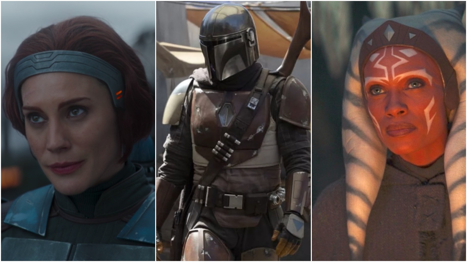 bo-katan, mando and ahsoka tano in collage from the mandalorian