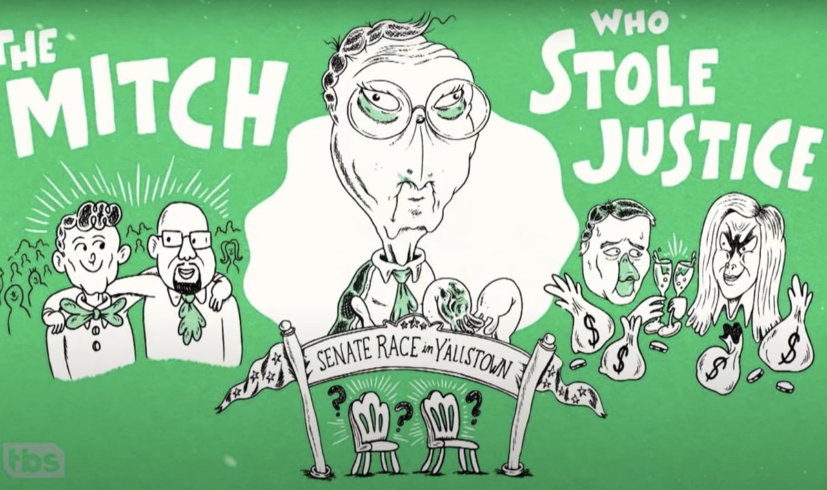 The Mitch Who Stole Justice cover image, featuring Republican Senate Majority Leader Mitch McConnell as a Grinch-like cartoon.