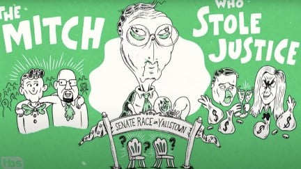 The Mitch Who Stole Justice cover image, featuring Republican Senate Majority Leader Mitch McConnell as a Grinch-like cartoon.