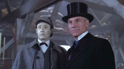 Picard and Data dressed up in Sherlock Holmes garb in Star Trek: The Next Generation's 