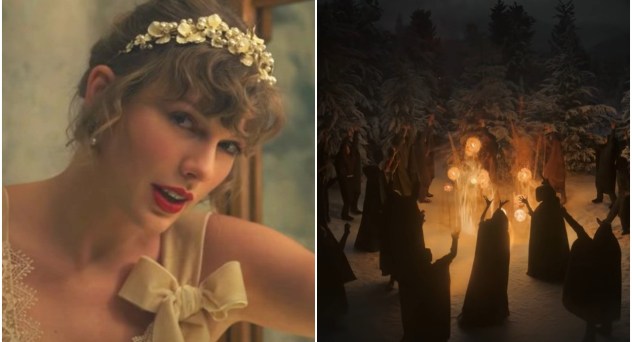 collage of taylor swift and a coven of witches in the video for willow