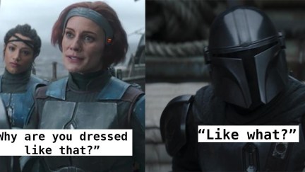 What are you wearing meme starring Bo-Katan and Din Djarin