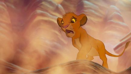 Simba watching Mufasa fall to his death in The Lion King