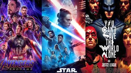 Posters for Marvel's Avengers: Endgame, Star Wars: The Rise of Skywalker, and DC's Justice League.