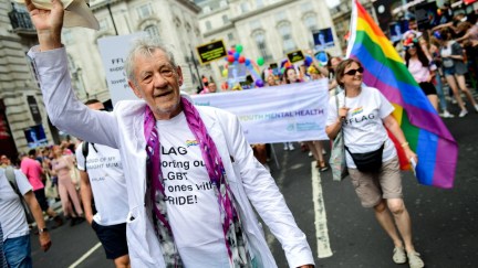 LONDON, ENGLAND - JULY 06: Sir Ian McKellen walking through Piccadilly Circus during Pride in London 2019 on July 06, 2019 in London, England. (Photo by Chris J Ratcliffe/Getty Images for Pride in London)