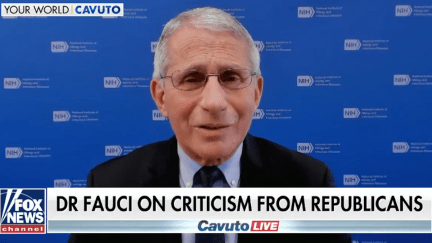 Dr. Fauci speaks on Fox News above a chyron reading, 