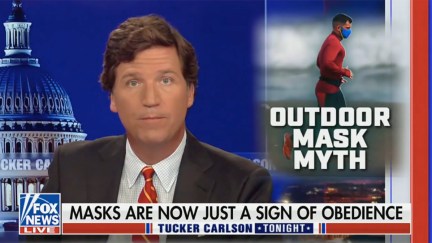 Tucker Carlson's makes a stupid face above a chyron reading 