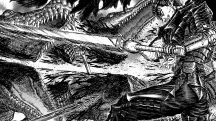 image of guts from berserk killing some monster like a boss