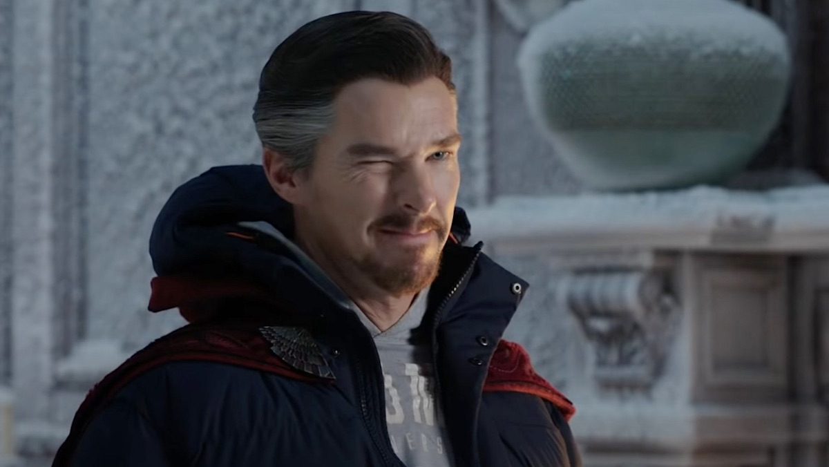 Benedict Cumberbatch as Doctor Strange wearing winter gear and a cloak in the Spider-Man No Way Home trailer