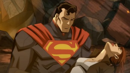 screenshot from the upcoming injustice film with Superman holding a dead Lois Lane—yikes