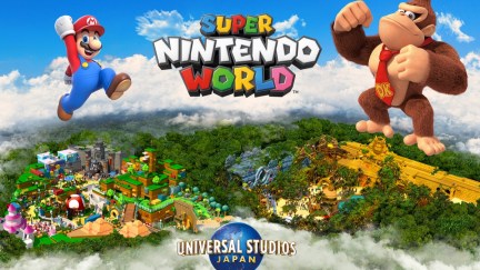 Super Nintendo World logo and an image of the park from the air, with its Mario and Donkey Kong sections. Mario and Donkey Kong stand in the foreground.