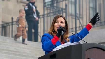 Idaho Lieutenant Governor Janice McGeachin speaks during a mask burning rally