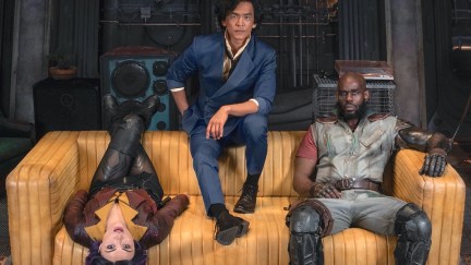 The main cast of Netflix's live-action Cowboy Bebop series lounges on a yellow couch