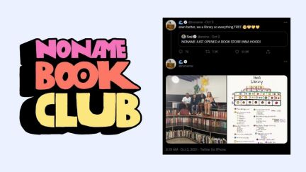 Noname Book Club logo next to a tweet showing some people at the library. (Image: Noname Book Club and Noname.)