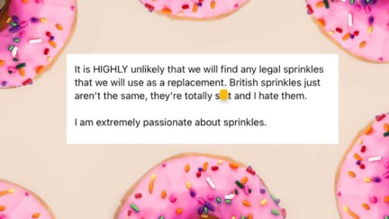 Pink donuts covered in sprinkles surround text about 'Sprinklegate' bakery