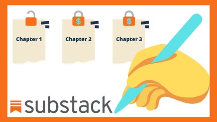 Chapters locked behind a paywall. Writing hand drawing Substack logo. (Image: Substack and Alyssa Shotwell.)