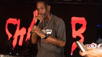 Travis Scott performs onstage during the Bootsy Bellows x Sports Illustrated Circuit Series After Party at Austin American Statesman in Austin, Texas on October 23, 2021. (Photo by SUZANNE CORDEIRO / AFP) (Photo by SUZANNE CORDEIRO/AFP via Getty Images)