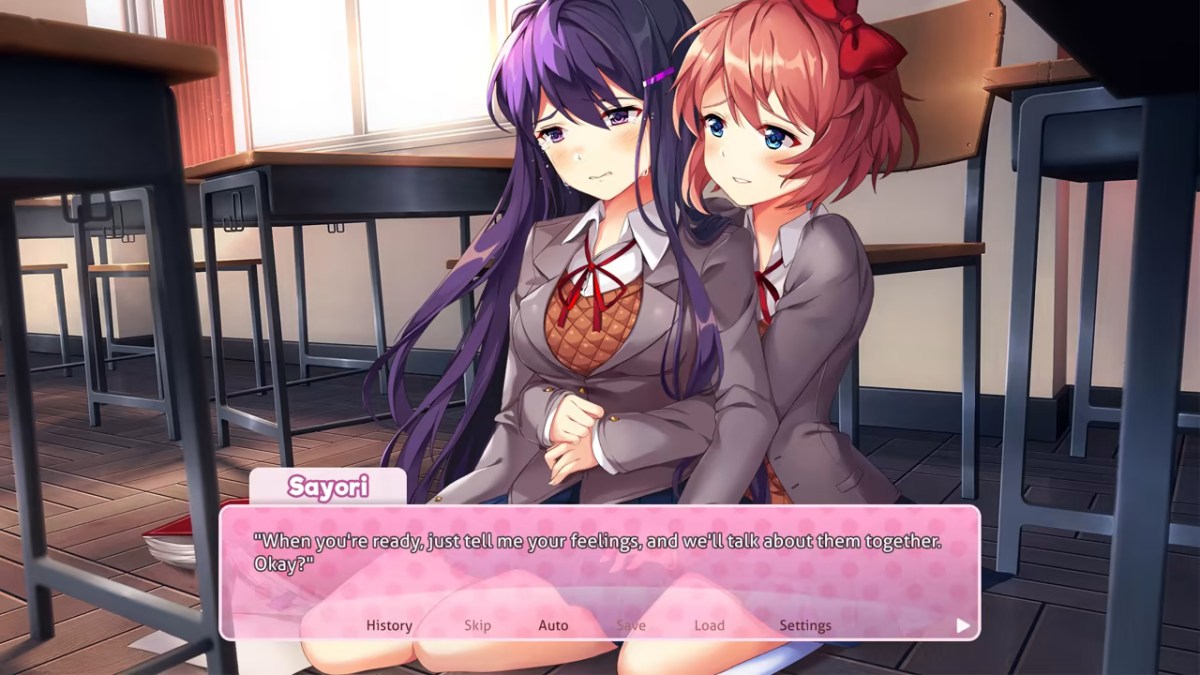 Sayori and Yuri share a deeply intimate moment in Doki Doki Literature Club Plus!