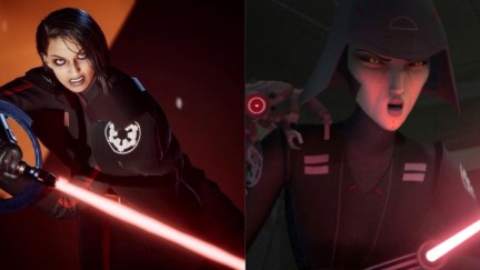 the second sister and seventh sister wielding their red lightsabers