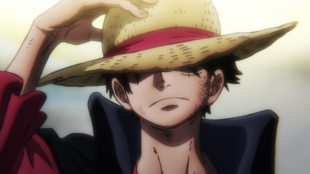 Monkey D. Luffy holding a hand on his straw hat
