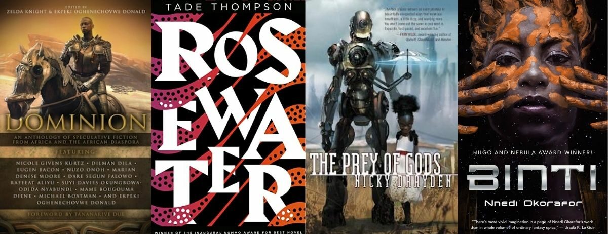 Ife-Iyoku, Tale of Imadeyunuagbon by Oghenechovwen Donald Ekpeki, Rosewater by Tade Thompson, The Prey of Gods by Nicky Drayden, and Binti by Nnedi Okorafor. Image: Jembefola Press, Orbit, Harper Voyager, and Tordotcom.