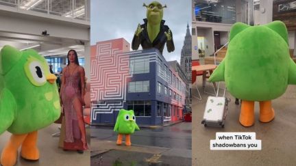 Duolingo next to cardboard cut out of Dua Lipa, an animation of leather bound Shrek, and walking away with referencing being shadowbanned. Image: screencaps from TikTok