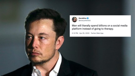 A photo of Elon Musk looking pensive with a tweet overlaid reading 