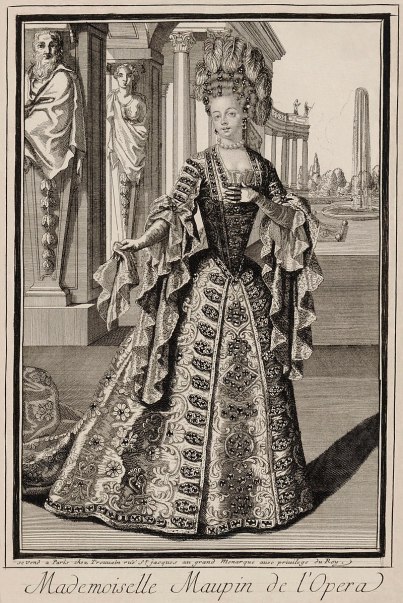 Mademoiselle Maupin de l'Opéra a.k.a. the French duellist and opera singer Julie d'Aubigny (1670–1707). Anonymous print. Image: Public Doman. https://en.wikipedia.org/wiki/Julie_d%27Aubigny#/media/File:Mademoiselle_Maupin_de_l'Op%C3%A9ra_(Julie_d'Aubigny).jpg