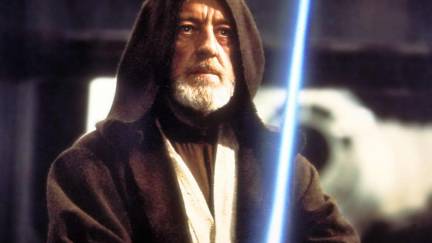 Old Obi-Wan Kenobi wielding a lightsaber