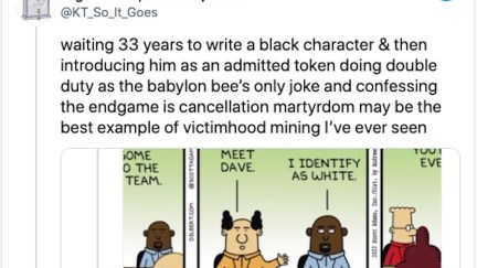 A screencap of a tweet mocking a dilbert comic strip.