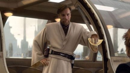 Ewan McGregor as Obi-Wan, leaning