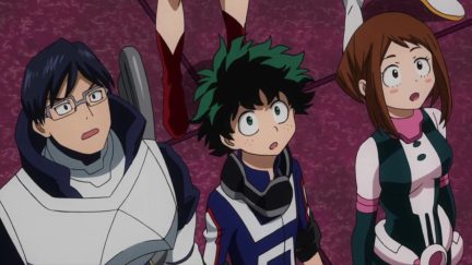 Tenya Ida, Izuku Midoriya, and Ochaco Uraraka staring up at something with their mouths open in My Hero Academia