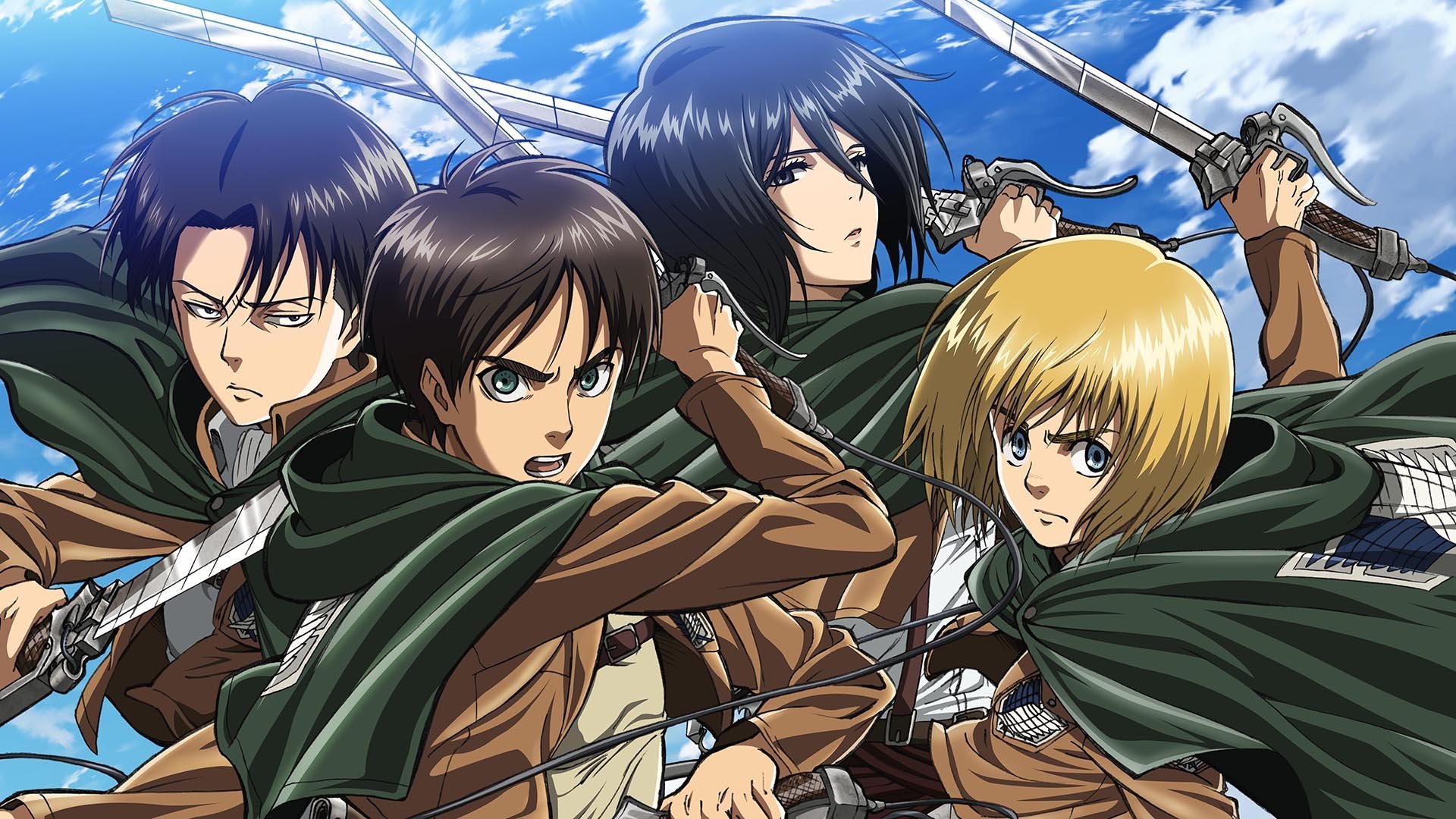 Attack on Titan Characters Lev Ackerman, Eren Yeager, Armin Arlet and Mikasa Ackerman