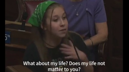 A pre-teen girl wearing a green handkerchief in her hair gestures emphatically with a caption reading 